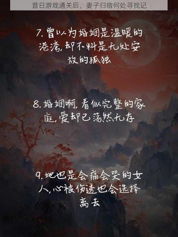 昔日游戏通关后，妻子归宿何处寻找记