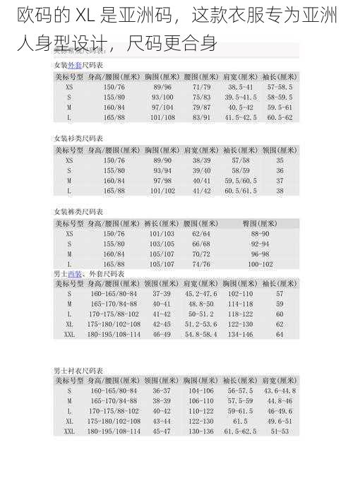 欧码的 XL 是亚洲码，这款衣服专为亚洲人身型设计，尺码更合身