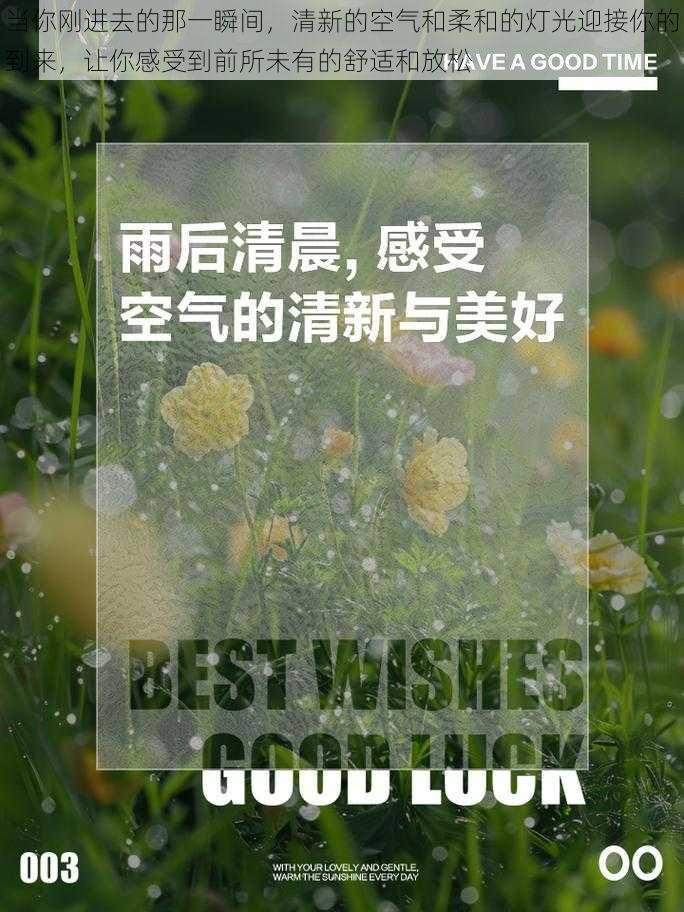 当你刚进去的那一瞬间，清新的空气和柔和的灯光迎接你的到来，让你感受到前所未有的舒适和放松