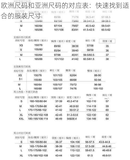 欧洲尺码和亚洲尺码的对应表：快速找到适合的服装尺寸